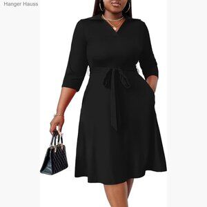 Plus Size Midi Dress with 3/4 Sleeves V-Neck Belt Pockets Wedding Guest